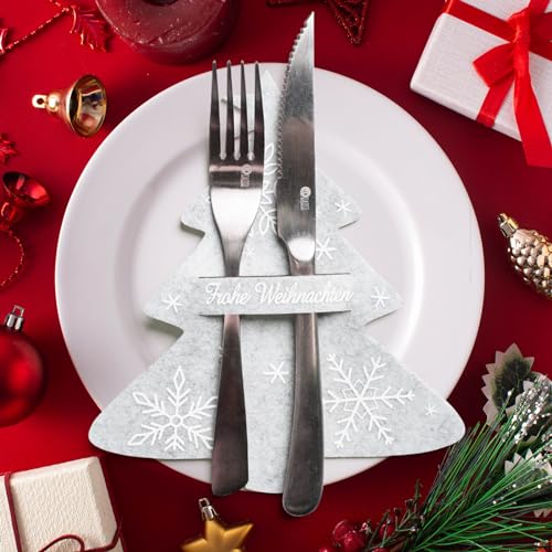 Weihnachten Besteckhalter Set - 16 Stück Filz Taschen Weihnachtsbaum Form Rot & Grün