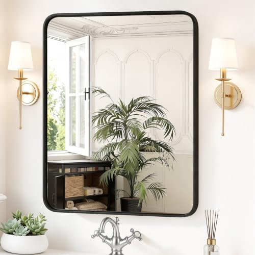 Image of Sweetcrispy Bathroom Wall Mirror, 36x30 Inch Wall Mount Mirror for Over Sink, Modern Rounded Rectangle Vanity Mirrors with Matte Metal Framed, for Home Decor, Living Room, Bedroom, Black