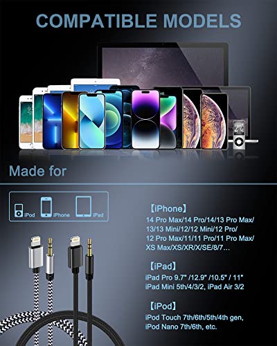Aux Cord for iPhone, [2Pack/3.3ft] iPhone 3.5mm headphone Jack Aux Cord Lightning to AUX Audio Cable for Car Home Stereo Speaker Headphone Compatible with iPhone 14 13 12 11 Pro Max Mini XR XS 8 iPad