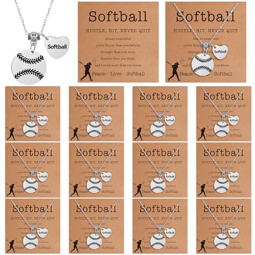 12 Sets Softball Necklace Team Gifts for Women, Softball Pendant Jewelry Sport Necklace with Inspirational Card and OPP Bags for Softball Team Gifts Stuffs Softball Party Favors