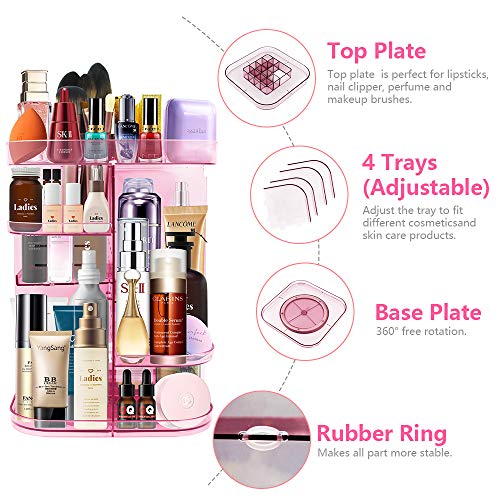 Ubitree Makeup Organizer, 360° Drehbar Kosmetik Aufbewahrungsbox mit 4 Justierbare Schalen für Lippenstifte Makeup… – Bild 5