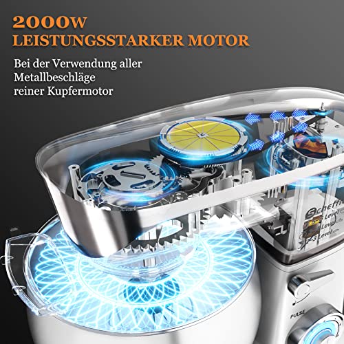 Küchenmaschine Scheffler 2000W Knetmaschine,5L Küchenmaschine XL,Teigmaschine, 6 Geschwindigkeiten, 8 weiteren Zubehörteilen inklusive, Knethaken, Flachrührer, Schneebesen (5L-Silver) – Bild 3