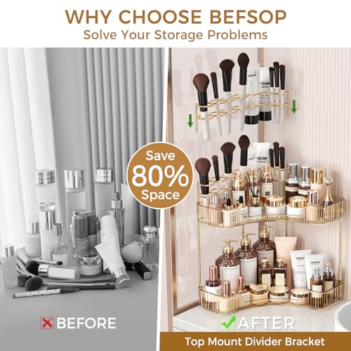 Image of BEFSOP Corner Bathroom Counter Organizer, Upgraded 2-Tier Makeup Organizer Countertop with Makeup Brush Holder, Skincare Exquisite Vanity Organizers Countertop Bathroom Storage Dresser(GOLD)
