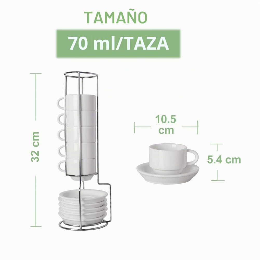 Sweejar Home Juego de 6 tazas y platillos de porcelana para café expreso, apilables, con soporte de metal, 70 ml, para café con leche, café, moca, té, multicolor
