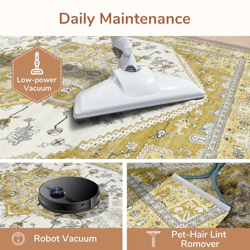 OPPODREAM Soft 10x14 Area Rugs, Washable Rugs 10x14 with Non Slip Backing, Low-Pile Faux Cashmere 10 x 14 Carpet, Yellow