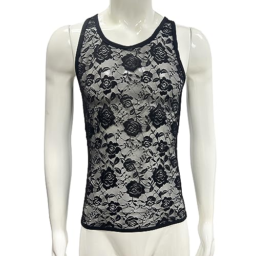 Men's Floral Lace Fitted Muscle Tank Tops Mesh Transparent Workout Vest Tshirt Underwear2