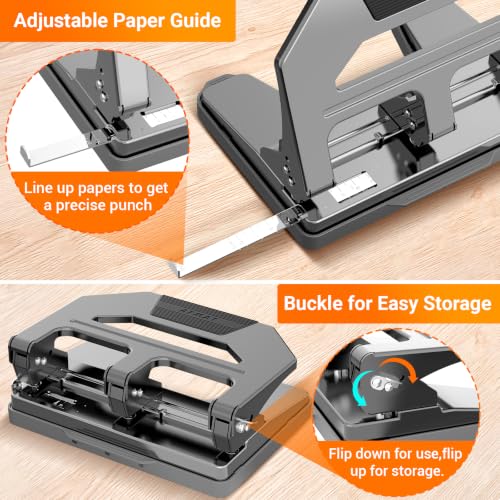 Image of AFMAT Heavy Duty 3 Hole Puncher, 50-Sheet Paper Punch Heavy Duty, 50% Reduced Effort Three Hole Punch, 10K+ Uses, Metal Hole Puncher 3 Ring w /Large Tray, Bulit-in S.S. Paper Guide HPX4(Gray)