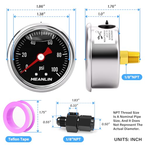 Image of MEANLIN MEASURE 0~100Psi Black Stainless Steel Glycerin Filled Pressure Gauge 1 /8 inch NPT 1.5 inch FACE DIAL, with 6AN Pressure Take Off Fitting, Liquid Filled Pressure Gauge WOG Water Oil Air Back Mount
