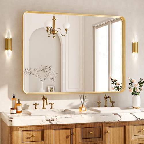 Koonmi Espejo de Pared Con Marco Profundo, 122 x 75 cm, Lujoso Rectangular de Alta Gama, Esquina Fileteada, Colgado Horizontal o Verticalmente, Dorado