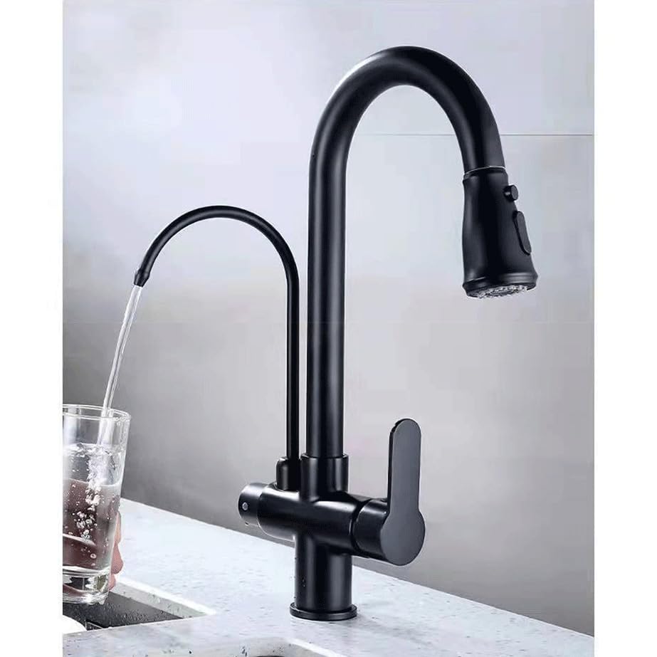 Grifo de Cocina 3 Vías Osmosis con Ducha Extraíble con Filtro de Agua Grifo Cocina Fregadero Extraible Flexible Rotación de 360° 2 Modos Negro