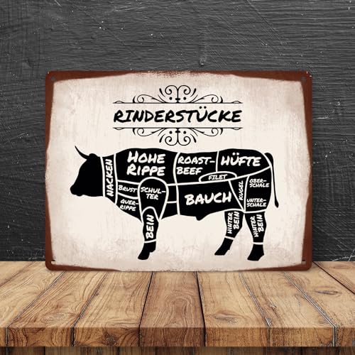 Rinderstücke BBQ Beef Fleischstücke Metallschild XXL in 28x38 cm Blechschild für den Grill als Dekoration für Grillfans und Fleischesser