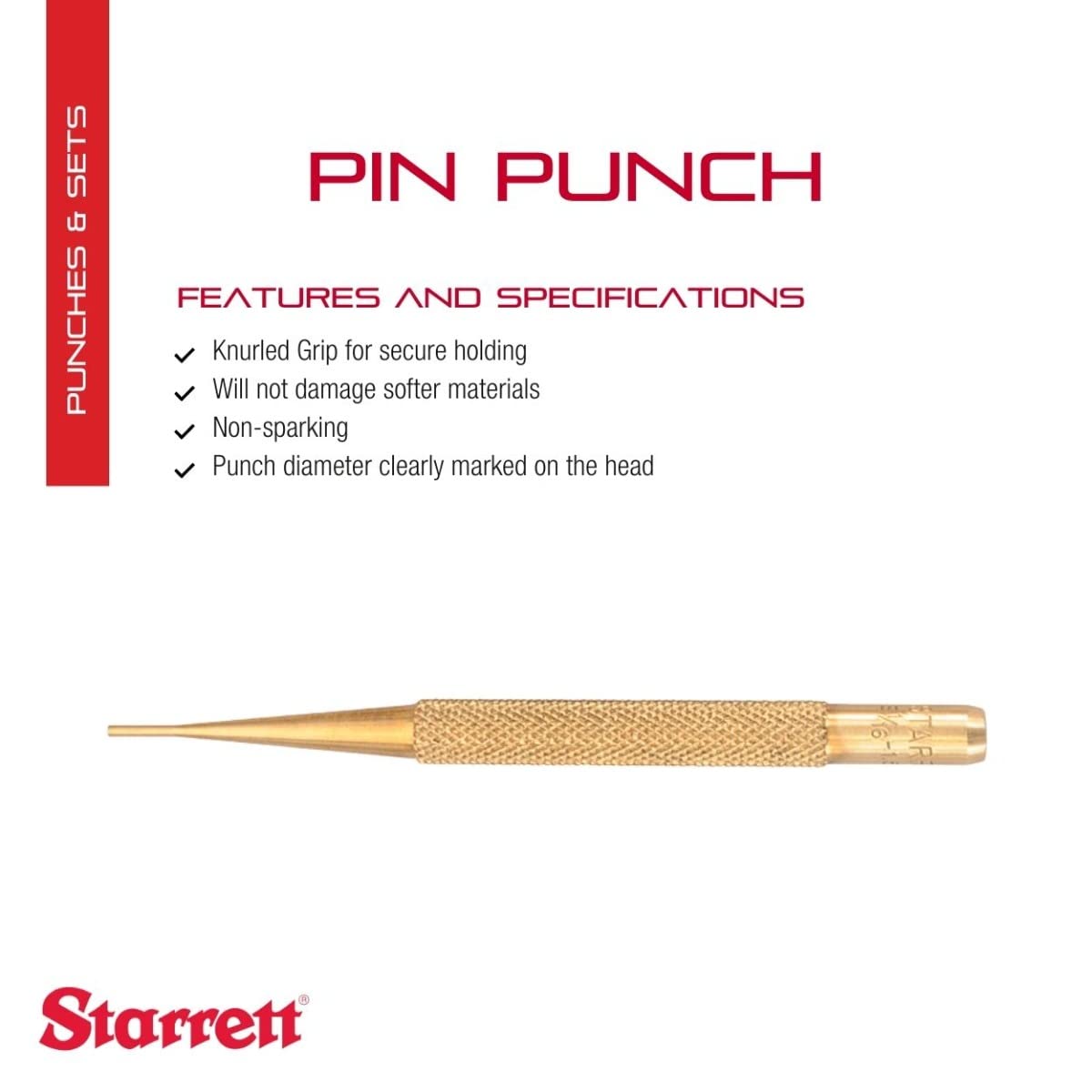 Starrett B565A Brass Drive Pin Punch, 4" Overall Length, 5/16" Pin Length, 1/16" Pin Diameter - Image 2