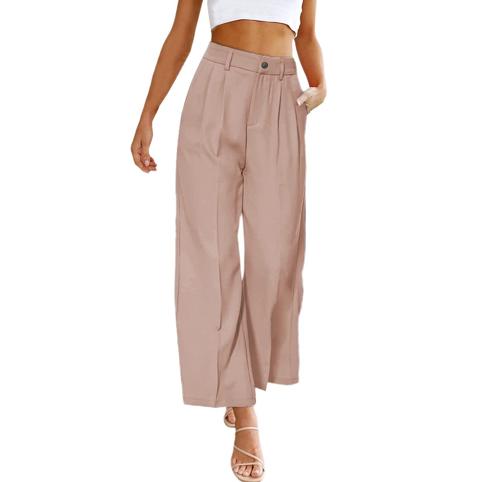 YOLAI Womens Solid Casual Button Pants High Waist Wide Leg Pants Flowy Business Work Trousers with Pockets