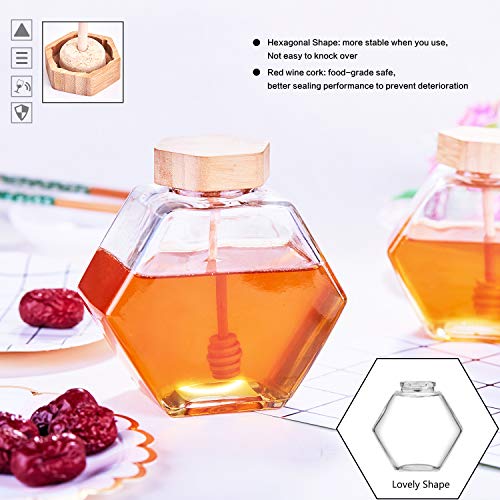 Denois Honey Pot Glass Honey Jar with Wooden Dipper and Cork Lid Cover for Home Kitchen, Clear, 14 Ounces