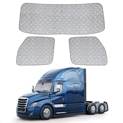Federedevo 6 Layers Semi Truck Window Shades Custom Fit 2018-2025 Freightliner Cascadia 3 Set Front Windshield and Side Windows Foldable Sun Protector Privacy Cover