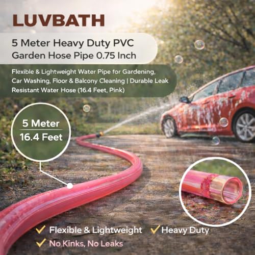 Image of LUVBATH 5 Meter Heavy Duty PVC Garden Hose Pipe 0.75 Inch | Flexible & Lightweight Water Pipe for Gardening, Car Washing, Floor & Balcony Cleaning | Durable Leak Resistant Water Hose (16.4 Feet, Pink)