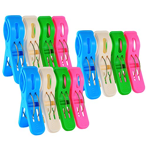 IPOW 12 Pack Updated Towel Clips Plastic Jumbo Size,4 Fun Bright Colors for Beach Chairs or Pool Lounges,Heavy Duty Clips to Keep Your Towels,Clothes,Quilt,Blanket from Blowing Away or Sliding Down