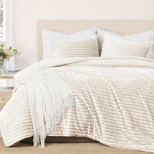 Geniospin Cream White Fleece Queen Comforter Set - 3 Pieces Faux Fur Beige Comforter Queen Size, Soft Warm Fluffy Bedding Set for All Season with 2 Pillow Cases