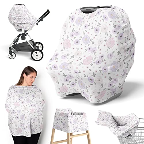 Image of Sweet Jojo Designs Purple Watercolor Floral Girl Infant Baby Car Seat Cover Nursing Breastfeeding Shopping Cart Stroller Canopy Lavender Pink and Grey Boho Bohemian Shabby Chic Rose Flower Farmhouse