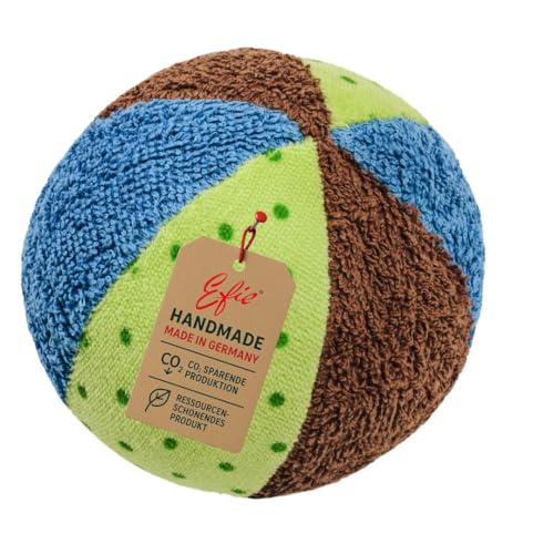 Efie Rassel Ball klein – Babyspielzeug aus Bio-Baumwolle, blau-braun-grün, weicher Babyball mit Rassel, schadstofffrei & nachhaltig, 100 % Made in Germany