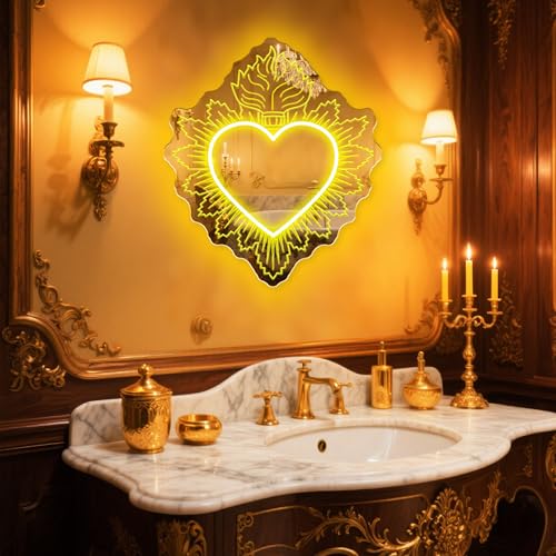 Image of Sacred Heart Mirror Neon Sign 22.95″x19″, Religious LED Wall Light - Catholic Home Decor, Church Events, Christening Gifts, Spiritual Wall Art, Christian Gift Ideas