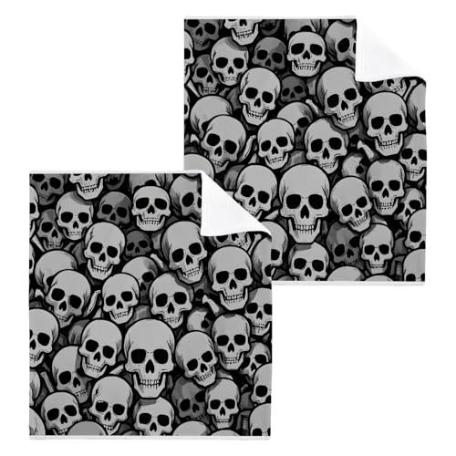 ALAZA Wash Cloth Set 100% Cotton Fingertip Towels Face Cloths Sets Skull Gray Highly Absorbent Soft Feel Set of 2