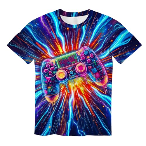 Boys Neon Gaming Shirt Kids Short Sleeve Cool 3D Graphic Game Summer Tees Crew Neck Youth Tops for Teens Boys Girls 11-13 Years Medium