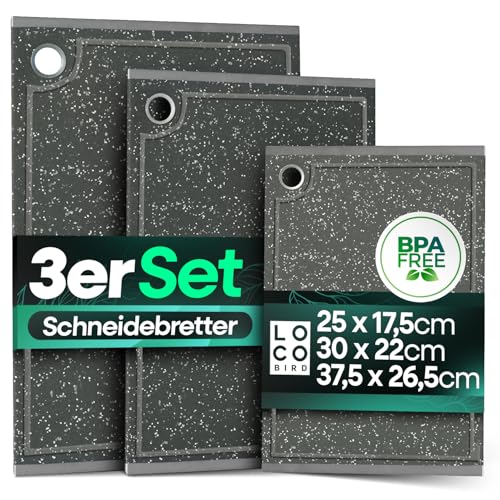 Loco Bird Schneidebrett Kunststoff spülmaschinenfest - rutschfeste Schneidebretter 3er Set - 37,5x26,5cm / 30x22cm / 25x17,5cm - messerschonender Küchenbnbrett, chopping board, plastik Küchenbrett