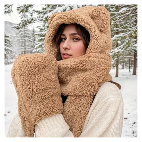 Autumn Winter Bear Hat Scarf and Gloves 3-in-1 Plush Double-Layer Warm Hat Ear Protection Hat for Cold Weather4