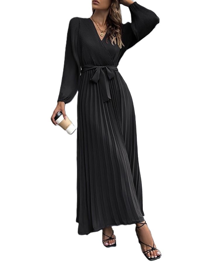 Zhyaj Long Sleeve Linen Maxi Dress for Women Dressy Casual V Neck Loose Fit  Pleated Dress Tie Belted High Waisted Loose Long Dresses Ladies Elegant  Cocktail Party Dress S Black at Amazon