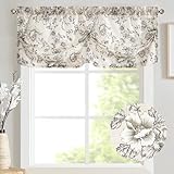 jinchan Linen Pleated Valance Farmhouse Floral Printed Valance for Windows 20 Inch Rustic Scallop Look Decorative Window Topper for Kitchen Living Room Bathroom Light Filtering 1 Panel Black on Beige