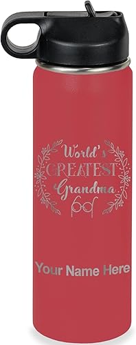 Miniatura 10 de LaserGram Botella de agua personalizada, World's Greatest Grandma, acero inoxidable de doble pared aislada al vacío con popote superior, regalo