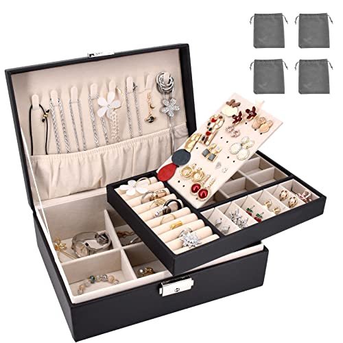Consejos para Comprar Cajas y organizadores de joyas al mejor precio. 46 Joyero Organizador, Portátil Joyero Viaje Cajas con 4 Gris Bolsas de Almacenamiento para Anillos, Pendientes, Pulseras y Collares(Negro)
