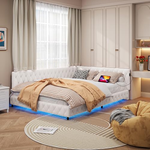 Cama tapizada para sofá cama de 140 x 200 cm, con LED y conexión USB, estructura de cama con somier, cama juvenil, tela aterciopelada, beige