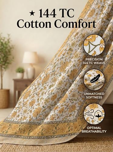 Image of Mafatlal 144 TC Heritage High Thread Count 100% Cotton Handcrafted Premium Spring Bedsheet (90x60 Inch) - Traditional Jaipuri Rajasthani Hand Block Printed Bed-Sheet with Pillow Cover | Lemon Yellow