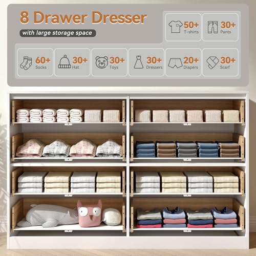 Image of White Fluted Dresser Bedroom with 8 Drawer,55 inch Wide White Double Drawer Dresser Modern Chest of Drawers with Gold Handles,Wood TV Stand for Bedroom,Living Room