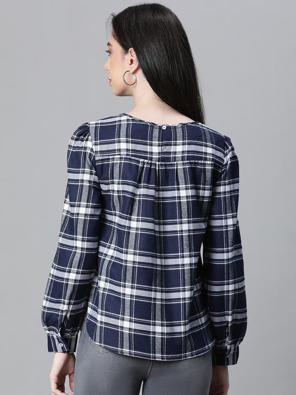 Image of oxolloxo Women Cotton Casual Tops | Regular Fit Checked Checked Round Neck |Regular Tops for Women |Navy Blue