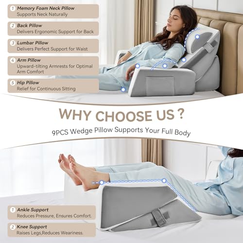 Image of Yojoker 9PCS Orthopedic Bed Wedge Pillow Set for Sleeping, Back and Leg Pain Relief, Post Surgery Foam Pillow for Body, Triangle Adjustable Support Pillow - Acid Reflux Sleeping Pillows