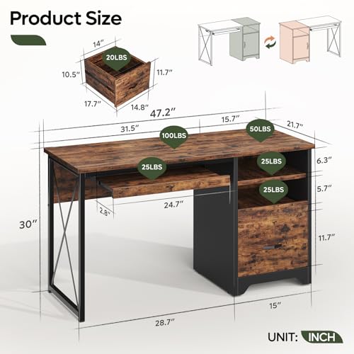 Image of Bestier 47 inch Computer Desk with Drawers, Home Office Desk with Keyboard Tray, Reversible Industrial Office Desk with Storage Cabinet for Small Space Home Office & Studio, Rustic Brown | Storage Drawer, File Drawer Letter /Legal, Keyboard Tray, Cable Management, Reversible, 150 Lbs, P2 Board