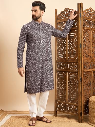 Image of Amazon Brand - Tavasya Men Rayon Geometric Embroidered Mandarin Collar Straight Kurta