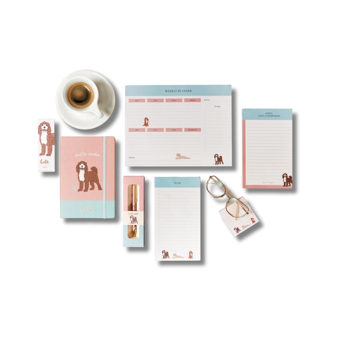 Cute Creations Dog Lovers Stationery Gift Set, 7 Piece Collection, A4/A5 Size, Includes Notebook, Planner, Notepad, Pen, Sticky Notes (Spaniel Gift Set)