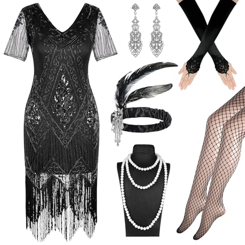 Jokureao 6Stück 20er Jahre Kostüm Damen Set,V-Ausschnitt Pailletten Rock, Gatsby Kleid Damen mit 20er, 1920er Charleston Kleid für Karneval Retro...