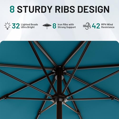 Image of AreShark 11FT Large Patio Umbrella with Solar Lights, Lighted Solar Umbrella with Crank, Outdoor Table Market Umbrellas for Garden, Deck, Backyard, Pool and Beach, Lake Blue