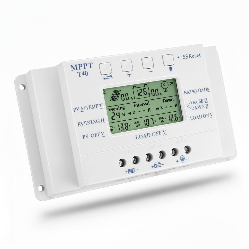 MPPT T40 40A Regulador de carga solar 12V 24V Controlador de pantalla LCD automático con control de temporizador de carga dual para sistema de luz de calle
