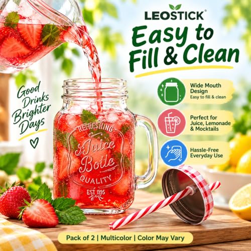 Image of LEOSTICK Glass Mason Jar with Lid & Straw, Transparent 250ml, Set of 2