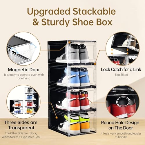 Image of Amllas 10 Pack Shoe Boxes Stackable,Upgraded Sturdy Storage Boxes with Clear Magnetic Door,Multifunctional Sneaker Organizer Fit up to US Size 12 (13.8 inchx 9.84 inchx 7.1 inch)