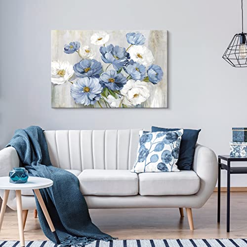 Goldfoilart Blue Flower Wall Art Light Blue and White Floral Canvas Print, 36"x24" Large Modern Flower Picture for Living Room Bedroom Bathroom Home Decor - Image 4