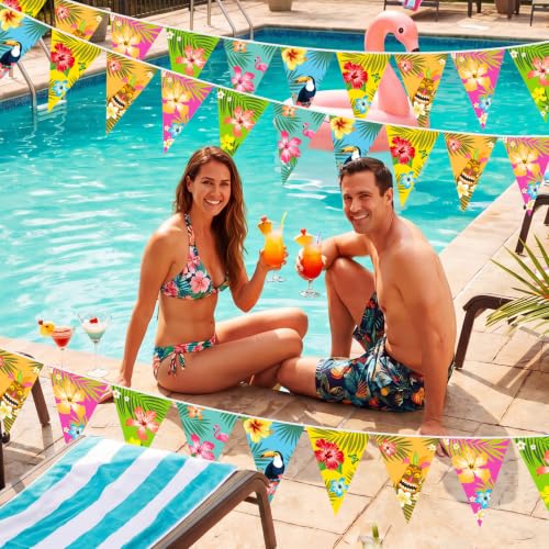 Image of Faccito 5 Pack Hawaiian Tropical Triangle Pennant Banner Palm Leaf 15m | Aloha Luau Tiki Beach Hanging Decor Hibiscus Flamingo Toucan Prints Summer Outdoor Indoor Backdrop Bunting Supplies
