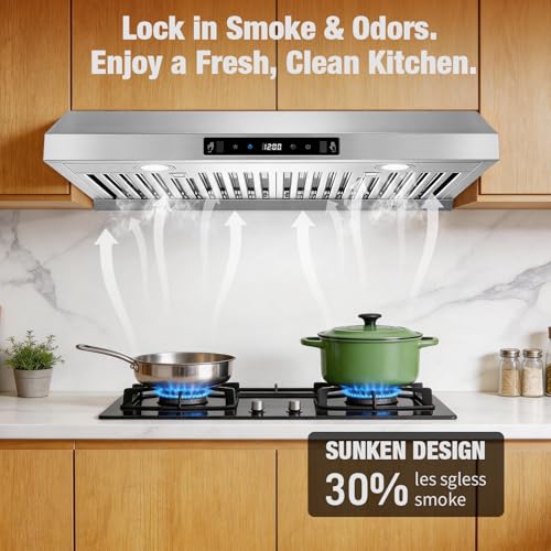 Image of 30 Inch Range Hood, 950 CFM Ducted Under Cabinet Vent Hood | Dual Motor, Stainless Steel, Low Noise Operation, 3-Speed Touch / Gesture Control