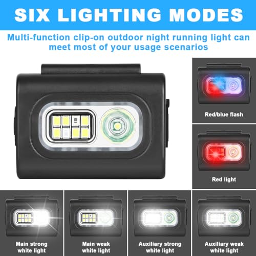 Adiwo Luz para Correr, 2 Piezas Linterna Frontal Portátil, LED con Clip Luz Viene con Correa para Faro y Correa Reflectante para el Brazo, 6 Modos de Iluminación Impermeable Linterna, USB Recargable - imagen 4